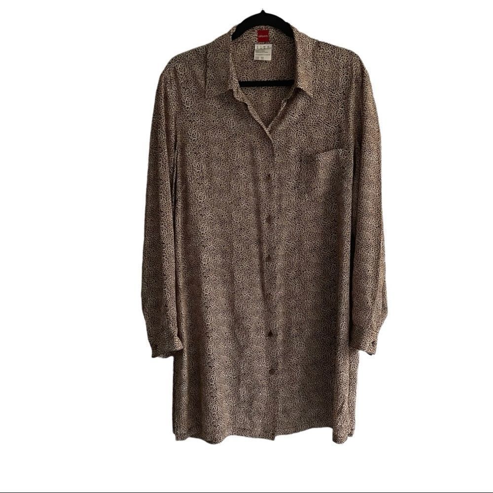 OLSEN EUROPE Silk Button Front Midi Shirtdress Leopard Cheetah Print Brown 14